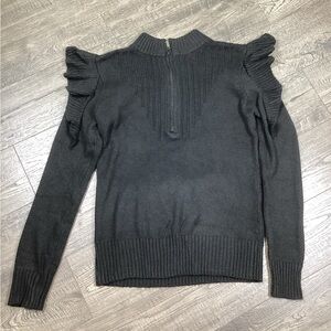 Black Long Sleeve Ruffle Shoulder M Sweater With Ribbed High Neck & Half-Zip new